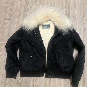 ARMY yves salomon black white fur bomber jacket 36 s 4